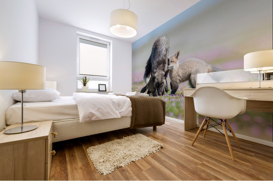 Red Fox with Kits Mural print